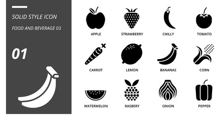 Solid icon pack for food and beverage, apple, strawberry, chilli, tomato, carrot, lemon, bananas, corn, watermelon, raspberry, onion, pepper.のイラスト素材