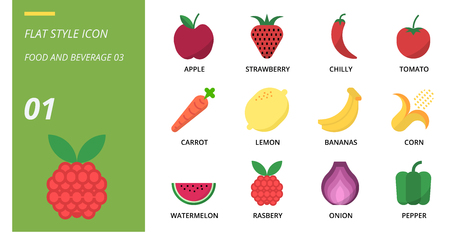 Flat icon pack for food and beverage, apple, strawberry, chilli, tomato, carrot, lemon, bananas, corn, watermelon, raspberry, onion, pepper.のイラスト素材