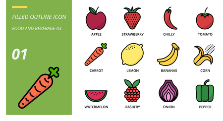 Filled outline icon pack for food and beverage, apple, strawberry, chilli, tomato, carrot, lemon, bananas, corn, watermelon, raspberry, onion, pepper.のイラスト素材