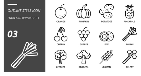 Outline icon pack for food and beverage, orange, pumpkin, potatoes, pineapple, cherry, grapes, kiwi, onion, lettuce, broccoli, gluten, celery.のイラスト素材