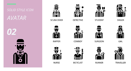 solid icon pack . Icons for avatars, scuba diver, detective, student, singer, rapper, cowboy, surgeon, girl, nurse, cyclist, runner, traveller.のイラスト素材