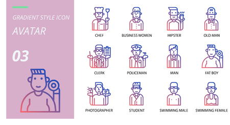 gradient adventure icon pack . Icons for avatars, chef,business women, hipster, old man, clerk, policeman, man, fat boy, photographer, student, swimming male, swimming female.のイラスト素材