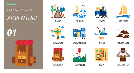 flat adventure icon pack . Icons for adventure, camp, sailing, train,sailingboat,balloon,auto mobile,mountain,bakcpack,location,map,observation for websites and mobile websites and apps.のイラスト素材