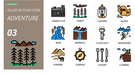 Filled outline icon pack . Icons for adventure, camera film, forest,lantern,island,river,waterfall,flash light,snowboard,pyramid,compass,cutery,climbing for websites and mobile websites and apps.のイラスト素材