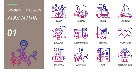 gradient adventure icon pack . Icons for adventure, camp, sailing, train,sailingboat,balloon,auto mobile,mountain,bakcpack,location,map,observation for websites and mobile websites and apps.のイラスト素材