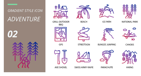 gradient icon pack . Icons for adventure, grill, outdoor, beach,ice path,national park,gps,streetsign,bungee jumping,canoes,axe shovel,swiss army knife,parachute,hiking for websites and mobiのイラスト素材