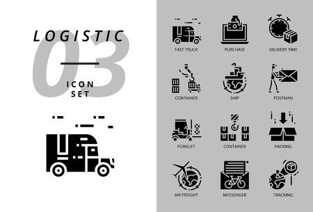 Icon pack for logistics , fast truck, purchase, delivery time, forklift, container, packing, container, ship, postman, airfreight, bike messenger, tracking.のイラスト素材