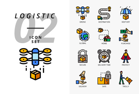 Icon pack for logistics , drone delivery, destination, keep dry, global logistic, home, purchase, secure, delivery time, protect, delivery, safe, trolly.のイラスト素材