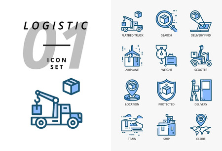 Icon pack for logistics , flatbed truck, search product, delivery find, airplane, weight, scooter, location, protected, delivery, train, ship, globe location.のイラスト素材