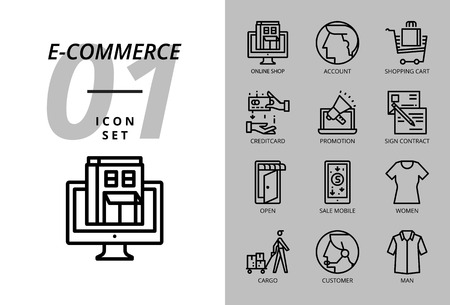 Icon pack for e-commerce, online shop, account, shopping cart, pay credit, promotion, sign contract, shop open, sale mobile, women cloth, cargo, customer, man cloth.のイラスト素材