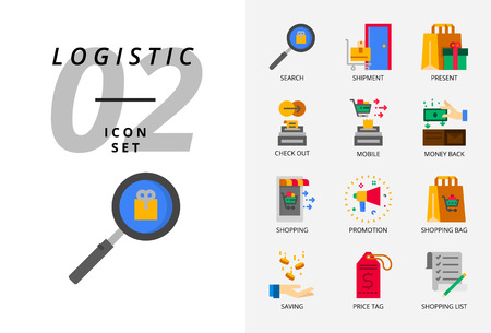 Icon pack for e-commerce, search, shipment, present, check out, mobile, money back, man clothing, promotion, shopping bag, shopping.のイラスト素材