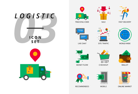 Icon pack for e-commerce, tracking code, sale, fast delivery, money flow, checkout, wallet, live chat, site traffic, world wide, mobile, online market.のイラスト素材