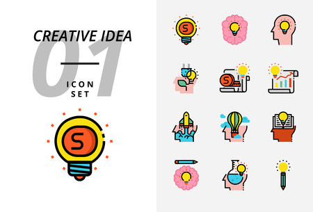 Icon pack for creative idea, Money, brainstorm, idea, creative, ecology, money, business paper, pilot, balloon, rocket, book, education.のイラスト素材