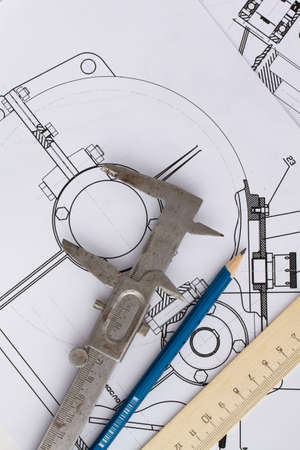 Industrial drawing detail and several drawing tools の写真素材
