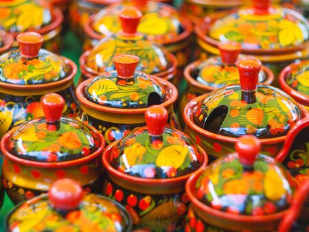 Russian wooden utensils. Khokhloma. Traditional Russian souvenir. Kitchen Decor.の写真素材