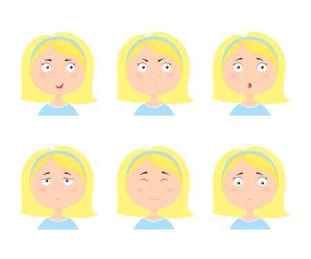 Girl with different expressions. Emotion face icons. Vector illustration in cartoon style isolated on white background.のイラスト素材