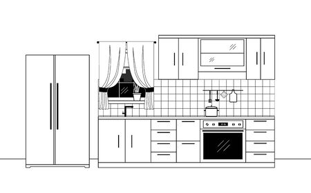 Modern kitchen interior with furniture. Vector illustration, line art styleのイラスト素材