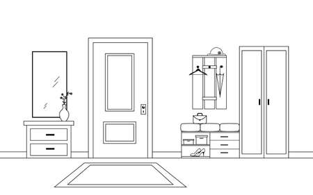 Hallway interior with furniture. Lineart design. Flat style. Vector illustration isolated on white backgroundのイラスト素材