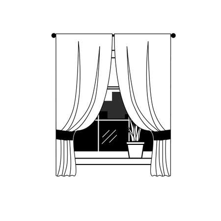 Window with curtain and house plant in pot on windowsill. Lineart design. Flat style. Vector illustration isolated on white backgroundのイラスト素材