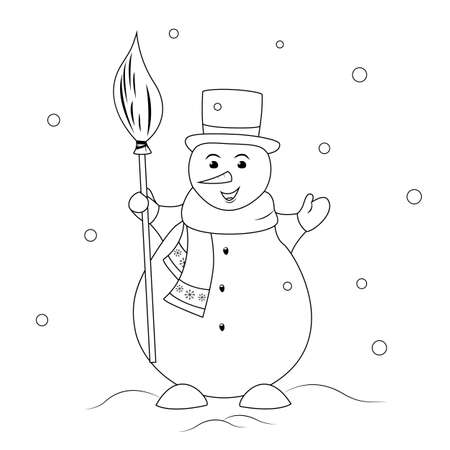 Snowman in hat and scarf with broom. Vector illustration for coloring booksのイラスト素材