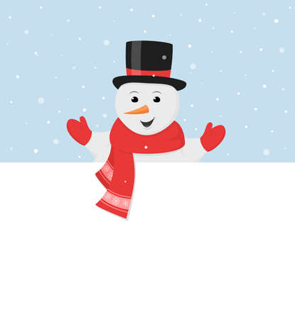Christmas card. Snowman with signboard. Banner template with copy space. Vector illustration, flat style. Holiday greeting cardのイラスト素材