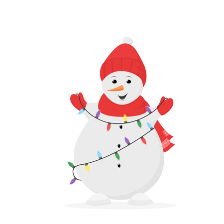Cute snowmen in a red hat and scarf with christmas lights. Christmas vector illustration in flat style, isolated on white backgroundのイラスト素材