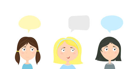 Three girls with speech bubble. Vector illustration isolated on white backgroundのイラスト素材