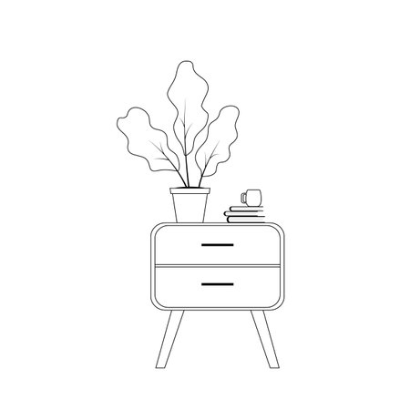Bedside table with plant, books, cup. Furniture for bedroom or living room. Vector illustration isolated on white background in linear style. Interior design.のイラスト素材