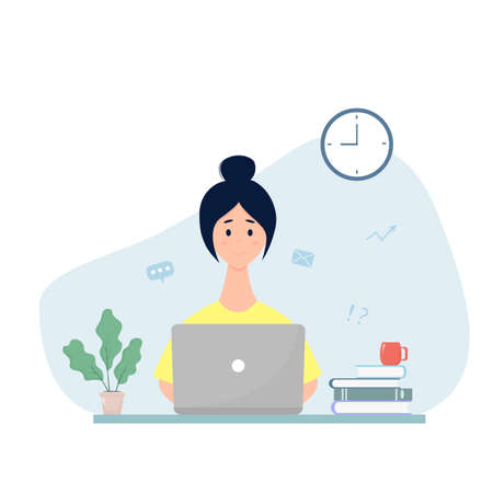 woman working on laptop. Illustration for online education, working remotely, freelancing. Vector illustration in flat style isolated on white backgroundのイラスト素材