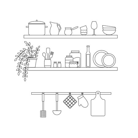 Kitchen utensils on shelves. Shelves with bowls, bottles, cups, plates, saucepans, glasses and cutlery. Line art vector illustration isolated on white background.のイラスト素材