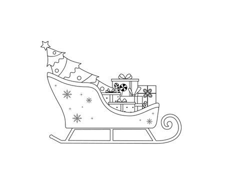 Santa Claus sleigh with a Christmas tree. Vector illustration in line art style for coloring booksのイラスト素材