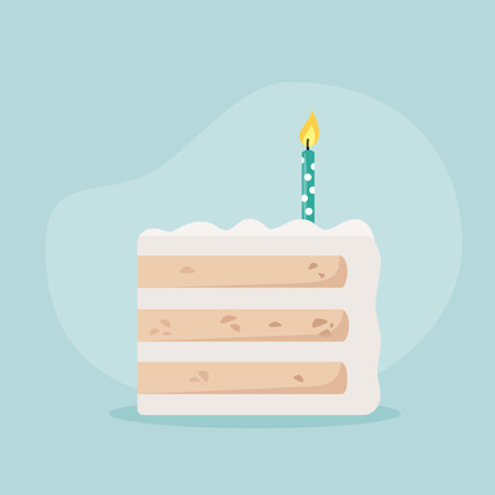 Slice of birthday cake with one candle on a blue background. Sweet dessert