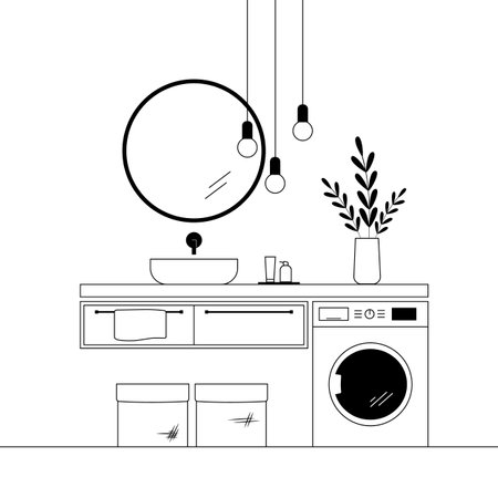 Modern bathroom interior with mirror, vessel sink, washing machine. Vector illustration. Line artのイラスト素材