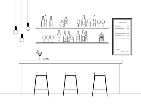 Bar interior design with bar counter, chairs and bottles. Line drawing.のイラスト素材