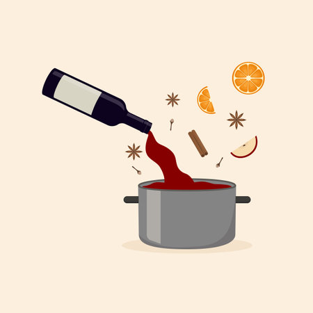 Mulled wine. Preparation winter alcoholic drink with red wine, orange, apple, anise, cinnamon, cloves. Vector illustration in flat styleのイラスト素材