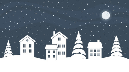 Vector illustration of winter landscape with houses, trees and snowflakes.のイラスト素材