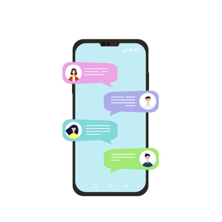 Smartphone with chat messages. Speech bubbles. Messaging between people. Mobile phone. Flat style vector illustration.のイラスト素材