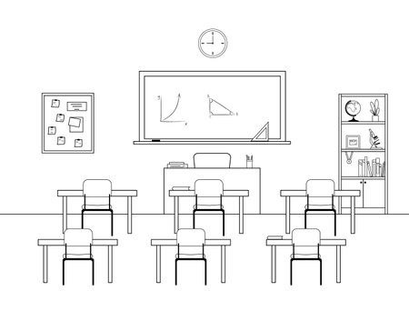 Classroom interior line drawing. Vector illustration of a classroom with blackboard, desks and chairs.のイラスト素材