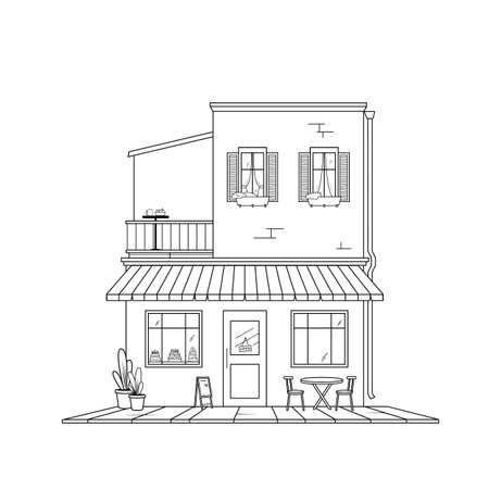 Cozy cafe. Facade of a small house with a balcony on a white background. Vector illustration.のイラスト素材