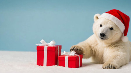 Polar bear with gift boxes on blue background. Christmas card.の素材