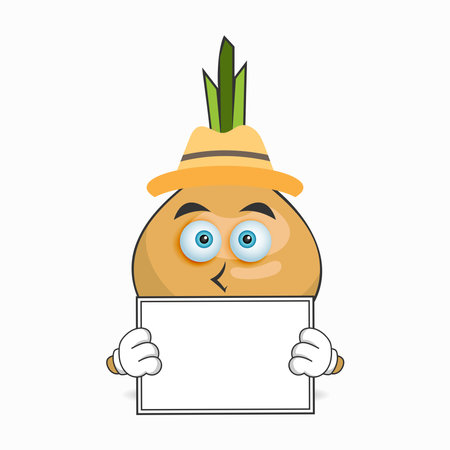 Garlic mascot character holding a white blackboard. vector illustrationのイラスト素材