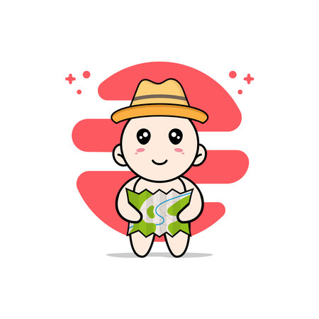 Cute baby character holding map. Mascot design conceptのイラスト素材