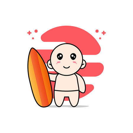 Cute baby character holding a surf board. Mascot design conceptのイラスト素材
