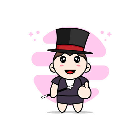 Cute business woman character wearing magician costume. Mascot design conceptのイラスト素材