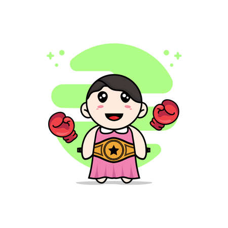 Cute girl character with boxing gloves and champion belt. Mascot design conceptのイラスト素材