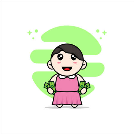 Cute girl character holding a money. Mascot design conceptのイラスト素材