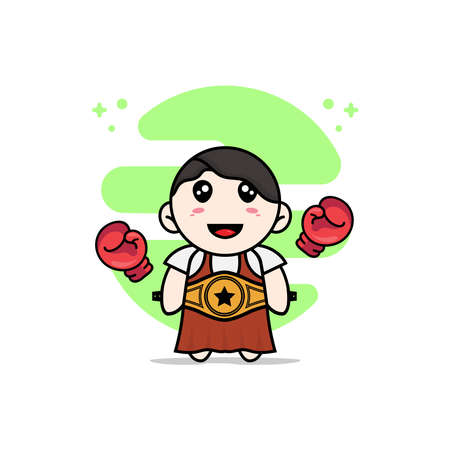 Cute girl character with boxing gloves and champion belt. Mascot design conceptのイラスト素材