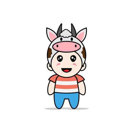 Cute boy character wearing cow costume. Mascot design conceptのイラスト素材