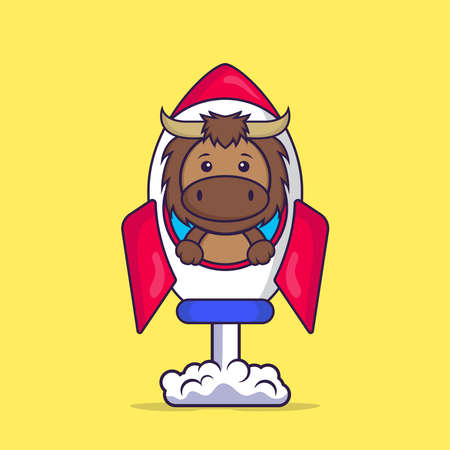Cute bull flying on rocket. Animal cartoon concept isolated. Can used for t-shirt, greeting card, invitation card or mascot.のイラスト素材
