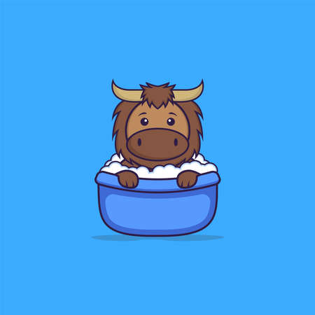 Cute bull taking a bath in the bathtub. Animal cartoon concept isolated. Can used for t-shirt, greeting card, invitation card or mascot.のイラスト素材